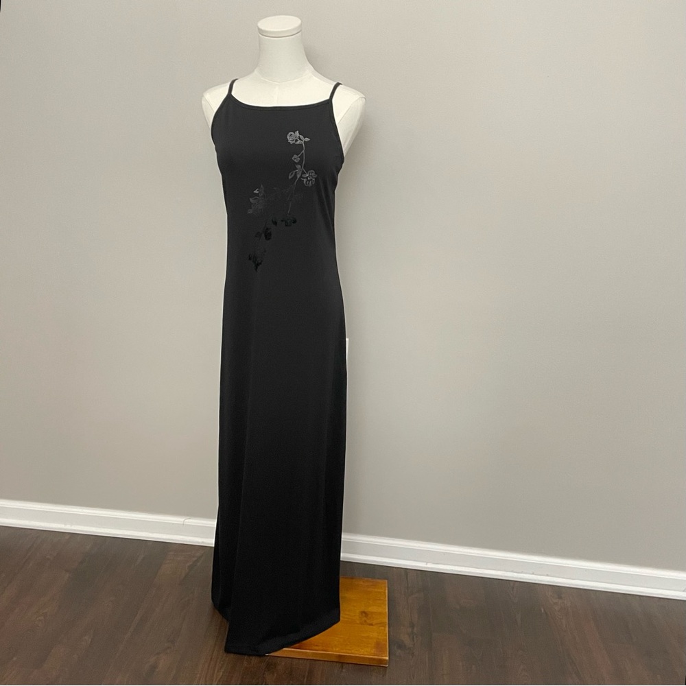 Vintage Y2K Byer Too Dress Maxi Floral Square High Neck Spaghetti Straps Black